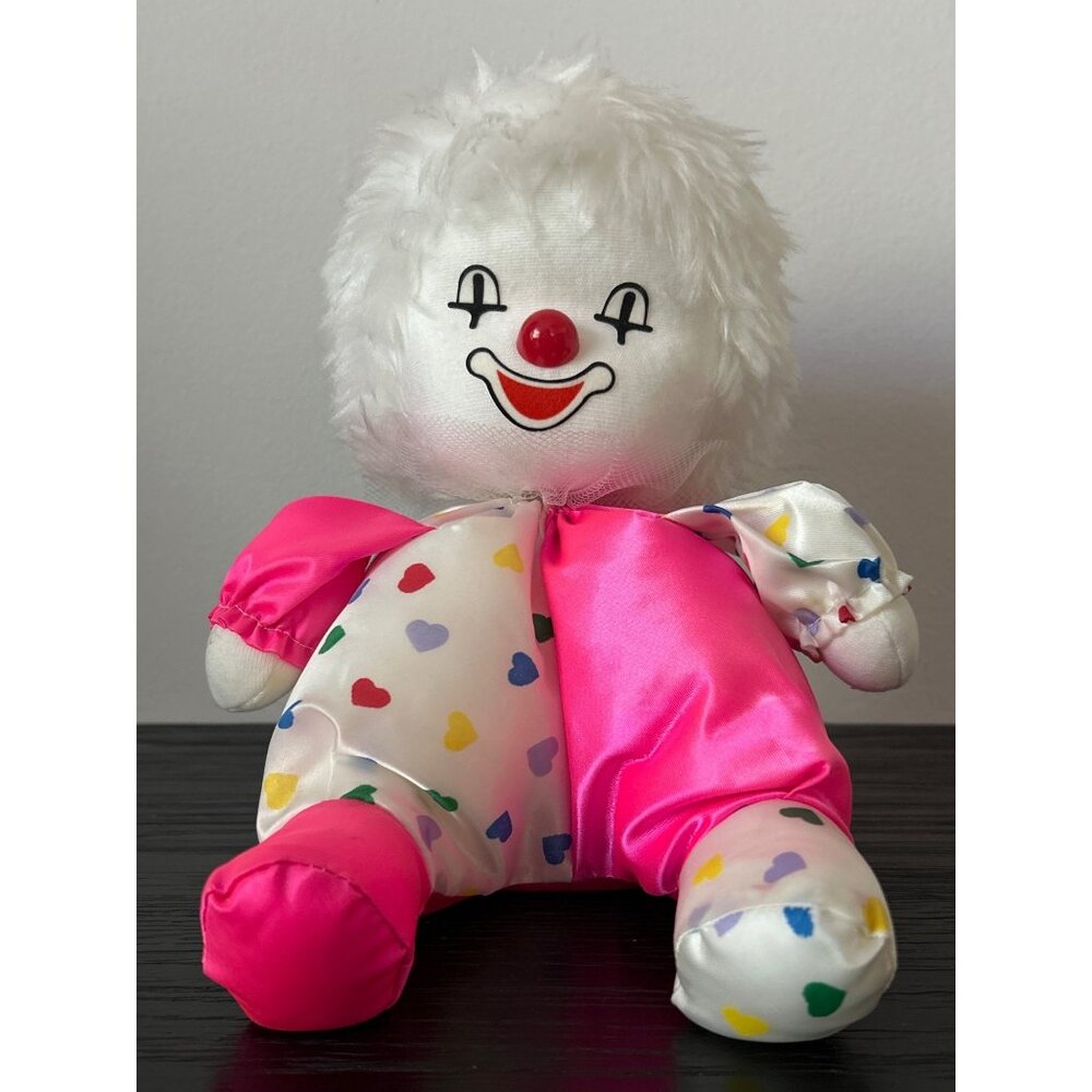VTG 1980's Wind-Up Clown Doll Plays Music Rotating Head Multicolor Heart Print